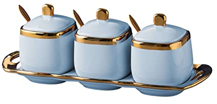 OUSIKA Azucarero, bote de condimento, azucarero Phnom Penh con tapa y cuchara, 3 juegos de recipientes de azúcar, tarro de especias, bote de condimento for salero, botes de azúcar de café de cerámica