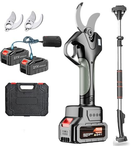 Tijeras De Podar Eléctricas 50 Mm, Tijeras Eléctricas Portátiles Seguras Tijeras De Podar Inalámbricas Con Pértiga Telescópica 1,3 a 2,1 M, Para Setos, Arbustos Y Huertos,2 Battery