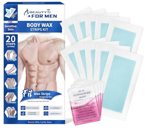 Men's Body Wax Strips Mens Hair Removal, Includes 20 Waxing Strips & 4 Post Wax Calming Oil Wipes, Cold Wax Strips Gentle Hair Removal for Body Legs Underarm Sensitive Skin