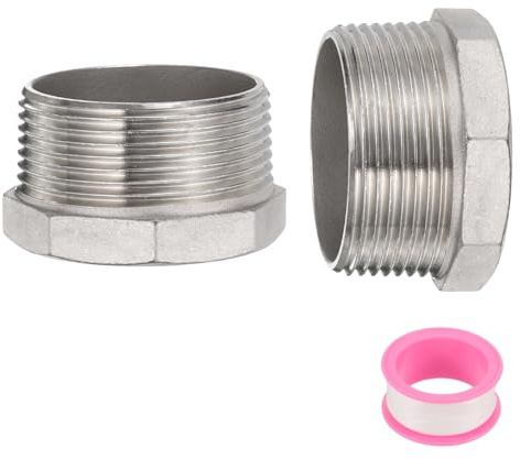 sourcing map 2 Pcs 304 Stainless Steel Reducer Hex Bushing G1-1/2 Male x G3/4 Female Threaded Reducing Pipe Adapter Fitting with PTFE Tape for Plumbing, Fuel Lines, and Pneumatic Systems
