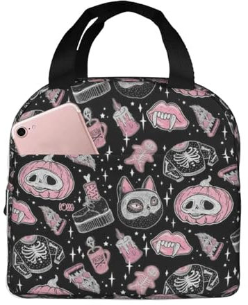 XTYGETY Lonchera reutilizable con estampado de calabaza y gato de Halloween, bolsa de almuerzo aislada para el trabajo y aventuras al aire libre