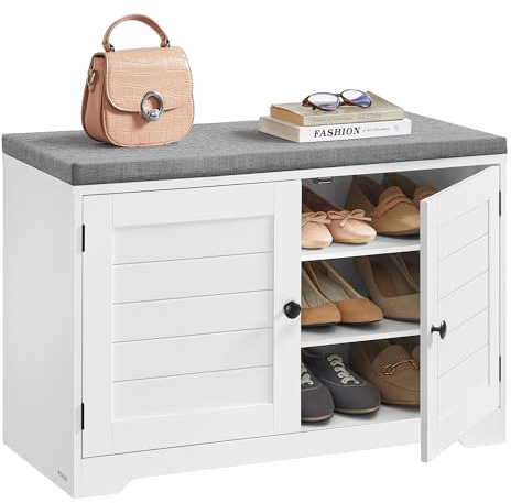 VASAGLE Banc à Chaussures sur 3 Niveaux, Banc de Rangement, avec Portes et Coussin, Étagères Réglables, 35,5 x 81 x 52,5 cm, pour Entrée, Chambre, Blanc Nuage et Gris Tourterelle LSB034W01
