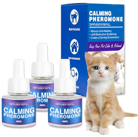 SilverChry Pheromones katt, Pheromones Cat+ Refill, anti-stress katt, 60 dagar feromone diffusor för katt, lugnande anti-stress och minska ångest (3 påfyllningar)