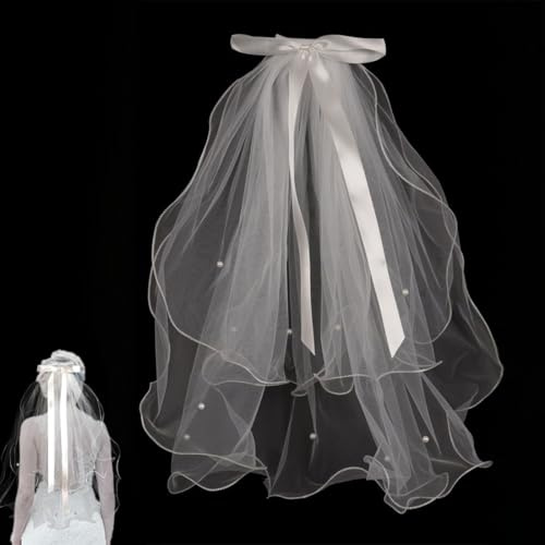 GGUFAY Brautschleier, Schleier Braut mit Perlen und Haarspange Weißer Elegante Tüll, Haarschleife Braut Schleier Softtüll, Eleganter Brautschleier für Junggesellenabschied & Hochzeit