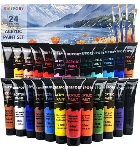 KINSPORY Pinturas Acrílicas 24 x 36 ml con 4 Pinceles - Resistente al Agua, Certificado Seguro, Acrylic Paint - para Lienzo, Madera, Vidrio, Piedra - Ideal para Artistas, Principiantes y Niños