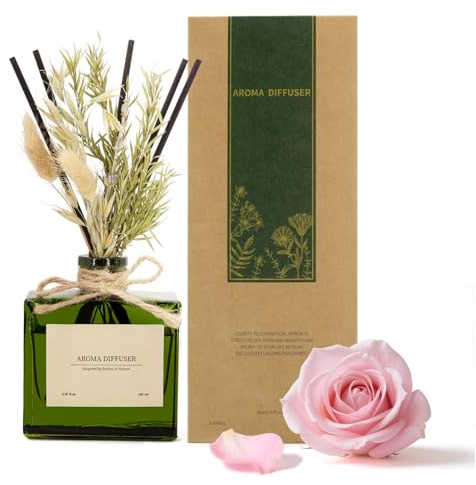 Reed Diffuser, 180 ml Sandalwood Rose Scented Diffuser with Dried Flowers & 7 Sticks, 120 Days Long Lasting Home Fragrance for Bathroom Bedroom Home & Office Decor, Air Freshener