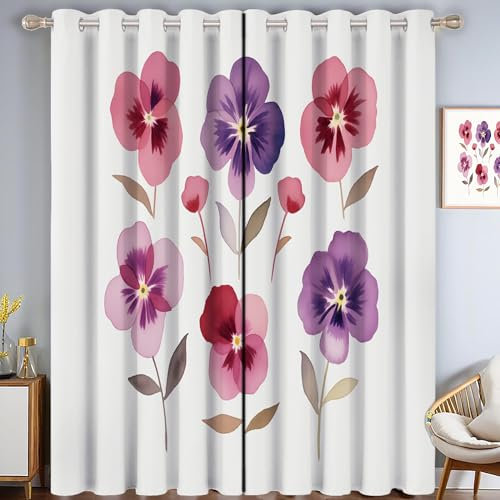 Vorhang Blickdicht Creme Aquarell Stiefmütterchen Gardinen Mit Ösen Einfach Handbemalt Verdunklungsvorhänge Für Vorhänge Wohnzimmer Schlafzimmer, Thermo Vorhänge H175Xb140 cm (2Er Pack)