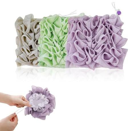 FrostyFlair éponge de Douche, Lot de 3 éponges, exfoliant pour Le Corps, éponge luffa, Vert Violet Kaki, éponge Africaine en Filet