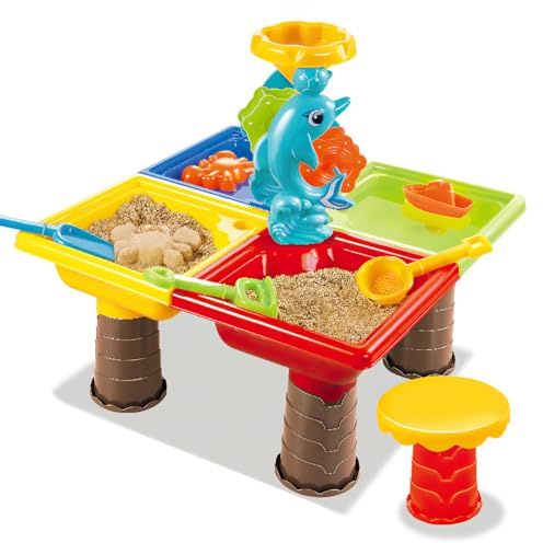 Mayhug 4-in-1 Sand and Water Table, 25 Piece Outdoor Toys Garden Multifunction Play Station Desk, Kids Activity Table, Garden Sandpit Play Set Beach Toy Moulds, Colorful