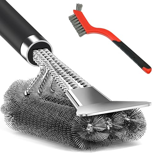 BBQ Grill Cleaning Brush with Stainless Steel Scraper, Bristles & Extra-long Handle, 2-in-1 BBQ Wire Brush for Electric Grill, Gas Grill, Charcoal Grill, Bonus Brush Included