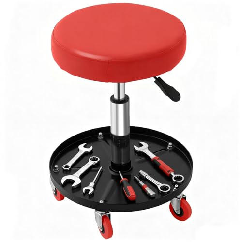 Tabouret d'Atelier Mobile Charge, Tabouret de Mécanicien à Roulettes Lisses Siège d'Atelier Hauteur Réglable avec Plateau à Outils Cadre Robuste Assis our Entretien Réparation Automobile Garage