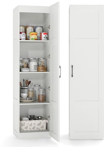 COSTWAY Tall Kitchen Cupboard, 4-Tier Pantry Storage Cabinet with Door | Soft-Close Hinges, Anti-tipping Device, Freestanding Wooden Sideboard Organizer Unit for Home Dining Room Living Room