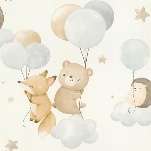 Rasch Tapete 302127 - Vliestapete mit Tieren und Ballons, Kindertapete mit Igel, Bär und Fuchs in Rosa und Beige - Kollektion Kids World