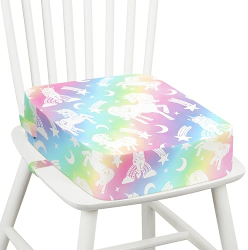 Omedecal Toddler Booster Seat for Dining Table Kitchen Chair, Kids Booster Seat with Non-Slip Bottom and Adjustable Straps, 4 Detachable Washable Portable Travel Increasing Cushion (Rainbow Unicorn)