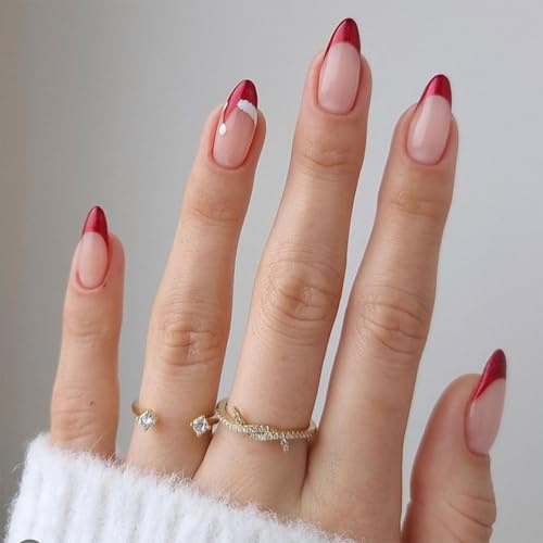24pcs Christmas French Tip False Nails Short,Press On Nails with Christmas Hat Design,Christmas French Tip False NailsFrench Almond False Stick on Nail,Christmas Decoration Festival Holiday Nail Art