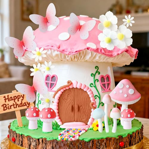 JeVenis Mushroom Cake Decoration Woodland Cottage Fairy Baby Shower Cake Topper Woodland Mushroom Birthday Birthday Decoration Supplies