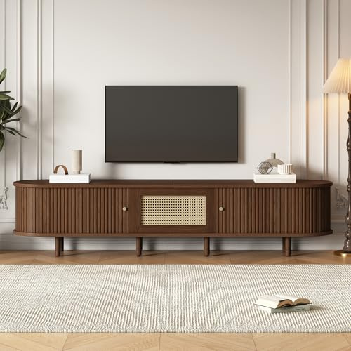 Mueble bajo para TV de 180 cm, ovalado, nogal oscuro, de ratán, puertas correderas, asas doradas, 8 patas de madera maciza, altura regulable, para TV, aparador, consola multimedia, salón, retro
