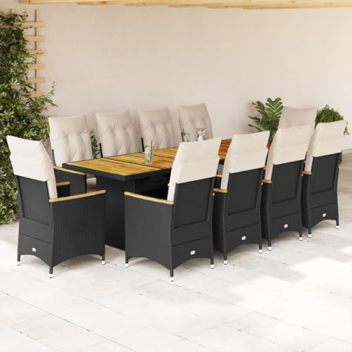 Runheo 11-TLG. Garten-Bistro-Set mit Kissen Schwarz, Poly Rattan, Akazienholz, UV-beständig, verstellbare Relaxsessel für Balkon, Terrasse, Outdoor-Möbel