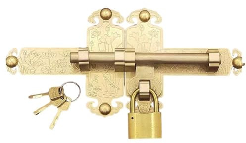 Homeponnew Verrou de porte en laiton antique avec motif lotus – Ensemble de serrures de jardin vintage pour portes en bois, finition laiton et bronze, clés et vis incluses