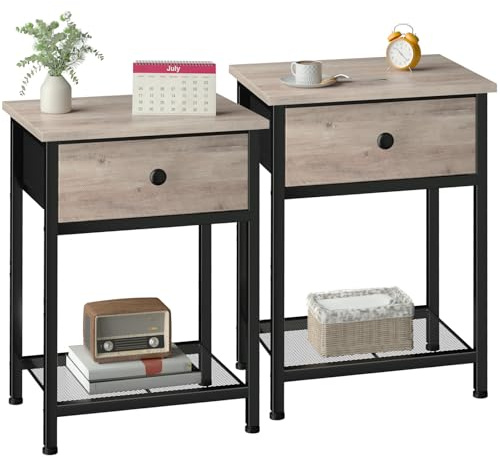 AMHANCIBLE Lot de 2 Tables de Chevet, Table de Nuit Industrielles, Gris | Tables d'Appoint avec Tiroir en Tissu et Étagère de Rangement, pour Canapé, Lit Bas, Petit Espace, 30 x 40 x 55 cm HET03SDGY