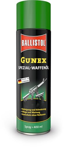 BALLISTOL 22250 GUNEX Waffenöl 400ml Spray – Temperaturbeständiges Waffen-Pflege-Öl – Reinigung, Wartung, Rostschutz | Flüssiges Waffen-Sprühöl, Temperaturbeständiges Waffen-Pflege-Öl, für Werkzeuge, Messgeräte, Angelruten, Rostschutz