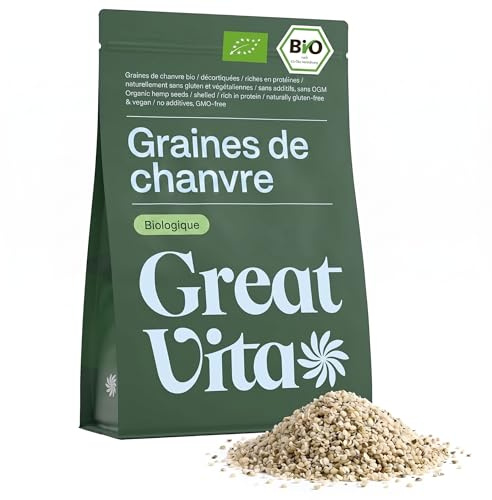 GreatVita Graines de Chanvre Bio Décortiquées 1kg, Graine de Chanvre Bio Crue, Hemp Seeds Premium - Riches en Protéines et Oméga-3, Vegan, Sans Gluten, Sans OGM