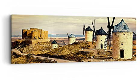 Panorama Bilder auf Leinwand Windmühle andalusien landschaft Leinwandbild 90x30cm Wandbilder Dekoration Wohnzimmer Schlafzimmer Klein Wanddeko Bild Wand Kunstdruck Art Wall Decor Canvas AB90x30-2729