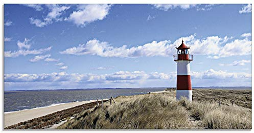 ARTland Wanddeko Glasbilder Wandbild Glas Bild einteilig 60x30 cm Querformat Strand Meer Nordsee Leuchtturm Sylt Dünen Gräser Wolken Sommer Urlaub T9ML