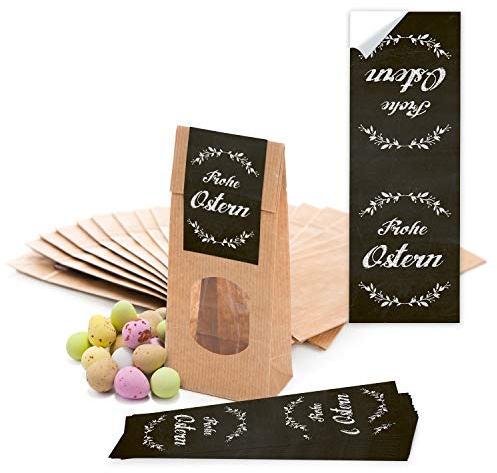 Logbuch-Verlag 25 kleine Ostern Lebensmittel Beutel mit Fenster Beutel aus Kraftpapier mit Frohe Ostern Sticker Verpackung Kleinigkeit 7 x 4 x 20,5 cm