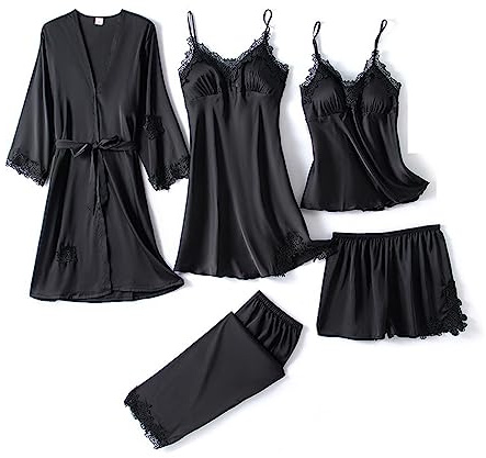 Cicilin 5pcs Ensemble Pyjama Femme Chic Peignoir Soie Sexy Short Satin Camisole Dentelle Robe Nuisette Pantalon Chemise De Nuit Kimono Robes de Cardigan Noir Taille XL Poids 52.5-65kg