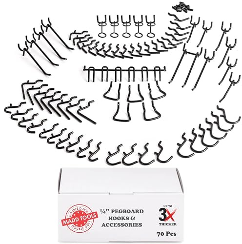 Extra Thick Black 1/4'' Pegboard Hooks for Hanging Tools, Set of 70 Pieces 1/4'' Black Peg Board Accessories Peg Hooks, Peg Board Attachments for Tools Organization