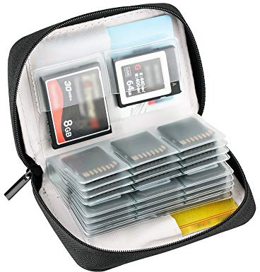 KIWIFOTOS Funda de transporte para tarjetas de memoria con cremallera para 24 tarjetas SD/SDHC/SDHC + 4 tarjetas CF (Compact Flash) / XQD, Estuche transporte para tarjetas SD - gris