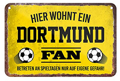 Blechschild Hier wohnt ein Dortmund Fan - Metallschild mit Kordel und Saugnapf - für Fans Ultras Anhänger - Wandbild Schild Artikel Zubehör - Hängeschild Haustür Eingang - Geschenkidee - 18x12cm