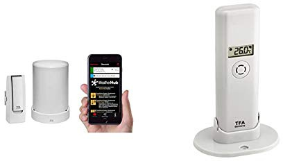 TFA Dostmann Weatherhub Starter-Set, mit Funk-Regenmesser, für SmartHome, gratis Smartphone App, einfach installierbar & Weatherhub Thermo-Hygro-Sender, Kontrolle der Temperatur/Raumfeuchtigkeit