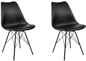 SAM 2er Set Schalenstuhl Lerche, Kunststoffschale in Schwarz | integriertes Kunstleder-Sitzkissen, Schwarze Metallfüße, Esszimmerstuhl im skandinavischen Stil