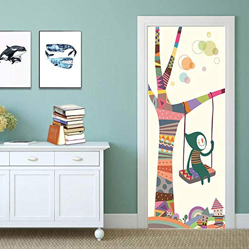 YQLKD Türfolie Poster Handgezeichnete Schaukel Mädchen 3D Türaufkleber Tür Wandbild Tapete PVC Aufkleber