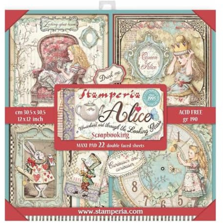 Stamperia SBBXL12 Pad-Double Sided Sheets Wonderland Scrapbooking-Block, doppelseitig, Motiv Alice im Wunderland & Through The Looking Glass, Papier, Verschieden, 12 x 12 cm, 3 Piece