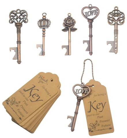 Makhry 50pcs Wedding Favors Key Bottle Opener, Vintage Skeleton Key Bottle Opener with Escort Tags and Key Chains Gifts for Guests Rustic Wedding Party & Reception Souvenir Decorations (Copper)