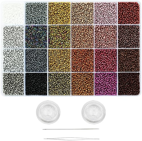 VOOMOLOVE 12/0 Glass Seed Beads About 15800pcs 24 Colors 2mm Loose Seed Beads Kit Bracelet Making with 24-Grid Plastic Storage Box for Jewelry Making(24 Colors)