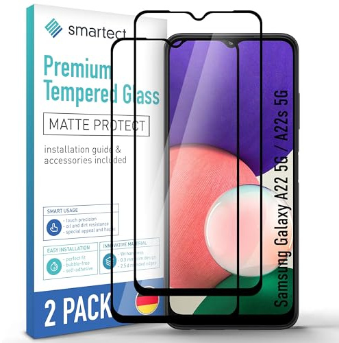 smartect Schutzglas 2 Stück Full Screen Matt für Samsung Galaxy A22 5G | A22s 5G HD Panzerfolie Anti-Kratzer, Displayschutz entspiegelt, 9H Härte, Stoßfest, Blasenfrei