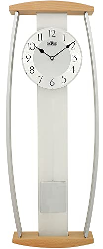 MPM Quality Design Pendeluhr, Helle Wanduhr Holz, Hochwertige Verarbeitung Aus Holz, Glas Und Metall, Modern, Präziser Quarz-Schrittmotor, Große Uhr Mit Pendel, Wohnzimmeruhren