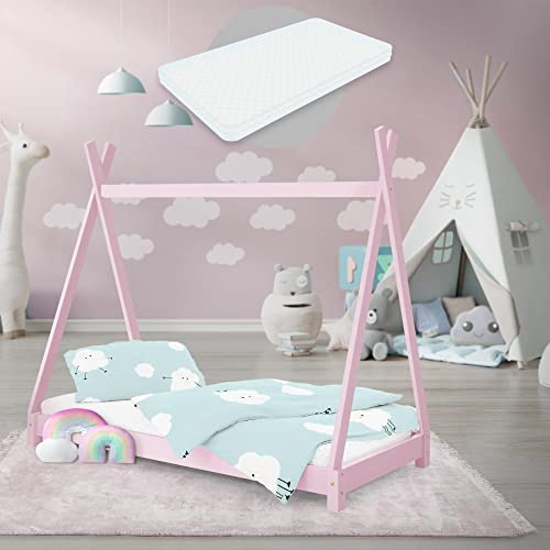 ML-Design Kinderbett Tipi 70x140 cm Rosa mit Matratze und Lattenrost, Indianer Bett aus Kiefernholz, Hausbett für Mädchen & Jungen, Bodenbett Kinderhaus Jugendbett Holzbett Bettenhaus Spielbett Zelt