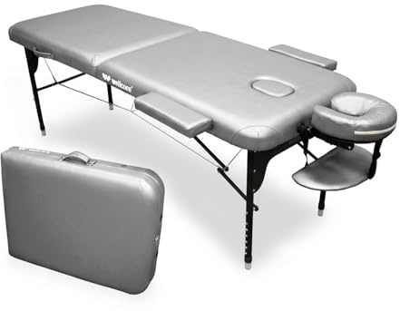 Quirumed Aluminium-Klappliege WELLCORE, 185 x 65 cm, Kunstleder, höhenverstellbar, Kopfstütze mit Gelenk, Gesichtsloch, Seitenarme, Silber, Tragetasche, bis 225 kg