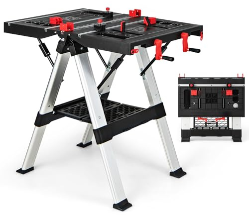 Goplus Portable Workbench, 2-in-1 Folding Work Table w/Clamps, 2 x 4 Brackets, 32.5 L x 25 W x 21.5-32.5-Adjustable Height, 440LBS/1000LBS Aluminium Collapsible Work Bench for Garage Home