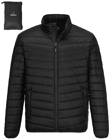 Outdoor Ventures Herrjacka, lätt varm övergångsjacka, packbar buffertjacka, vattentät utomhusjacka för utomhus, avslappnad, svart, M