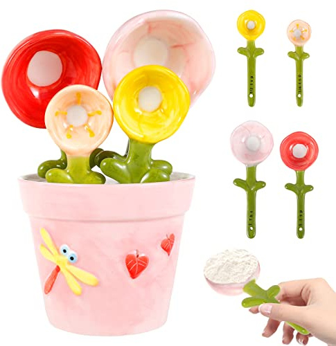 DRBIT 4Pcs Flower Measuring Spoons Set in Pot Cute Ceramic Measuring Spoons with Base Decorative Flower Pot Measuring Spoons and Cup Set Measuring Spoons with Capacity for Milk Powder Sugar Salt
