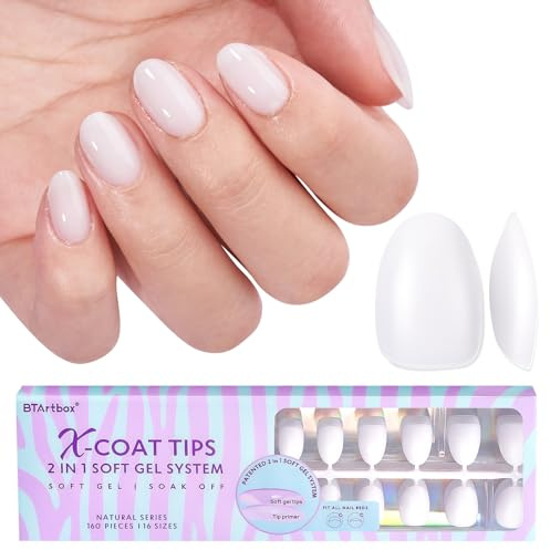 BTArtbox Extra Short Mandel Nageltips 150 Stück Soft Gel Full Cover Nail Tips, XCOATTIPS with Tip Primer Cover, White Press On Nails Nägel Tips für Nail Extensions Nail Art