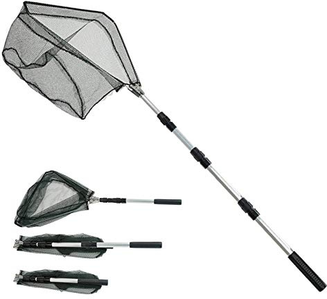Teleskop-Kescher, zusammenklappbar, 1,9 m Stange, zusammenklappbar, ausziehbar, Aluminium, langer Griff, Edelstahl, dreieckig, für Vogelfische, Aquarien, Teiche, schwimmende Objekte, Karpfen, Forelle