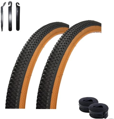 2 x Roverstone 27,5 Fahrradreifen Fahrradmantel Schwarz Braun 54-584 (27,5 x 1,95) + 2 x passende Schläuche AV inkl. Reifenheber