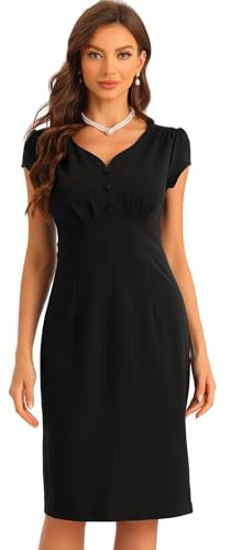 Allegra K Robe Fourreau Femme col en V Fente au Dos Robe de Business Vintage Manches Courtes Longeur Midi Noir XL